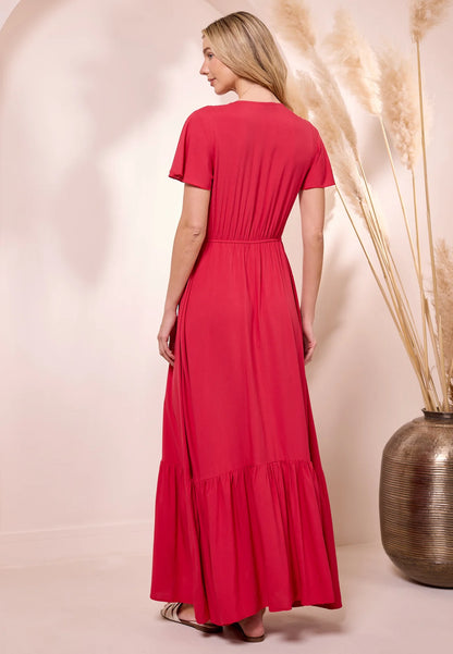 Crochet & Buttons Red Maxi Dress. Style ANEM043686