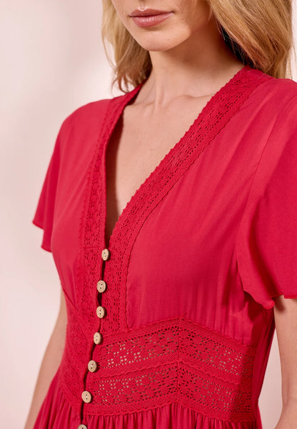 Crochet & Buttons Red Maxi Dress. Style ANEM043686