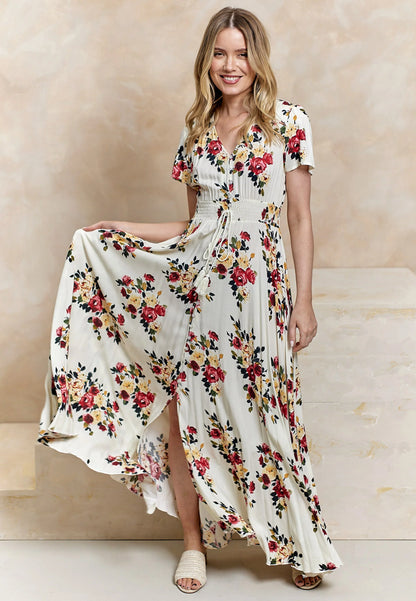 Floral Print Ruched Waist Maxi Dress. Style ANEM044546