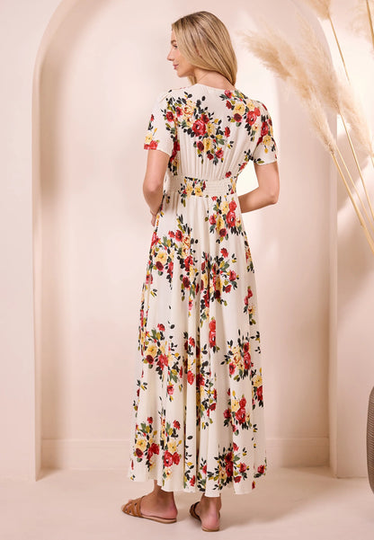 Floral Print Ruched Waist Maxi Dress. Style ANEM044546