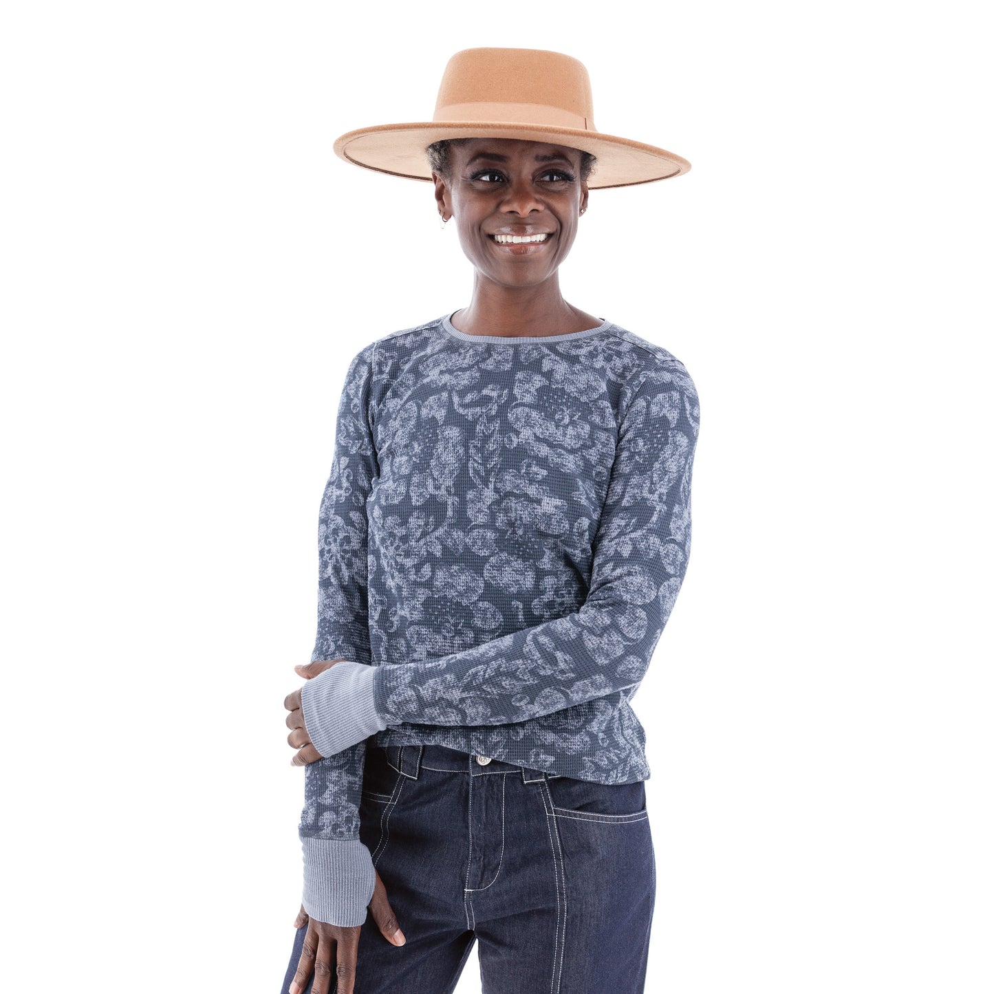 Waffle Knit Long Sleeve Floral Print Top. Style AVM21057AT