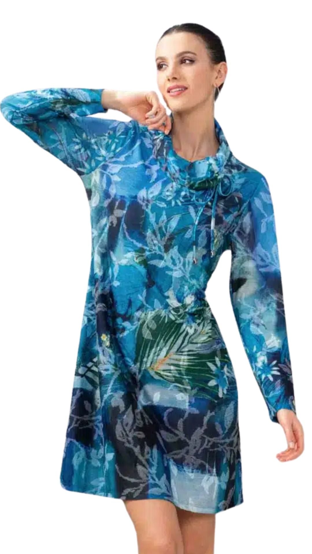 Blue Cowl Neck Long Sleeve Floral Dress. Style ALSA44431