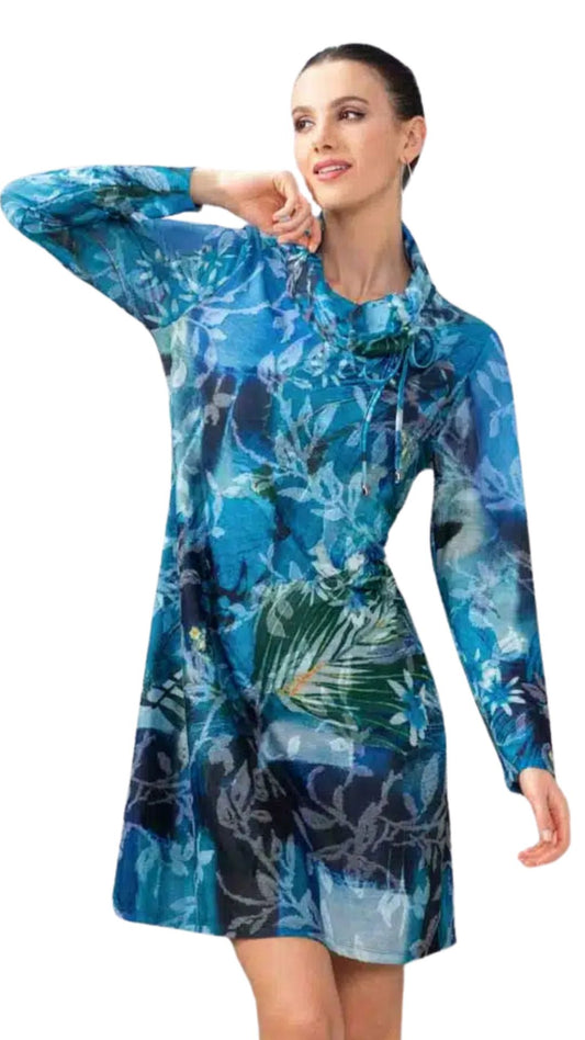 Blue Cowl Neck Long Sleeve Floral Dress. Style ALSA44431