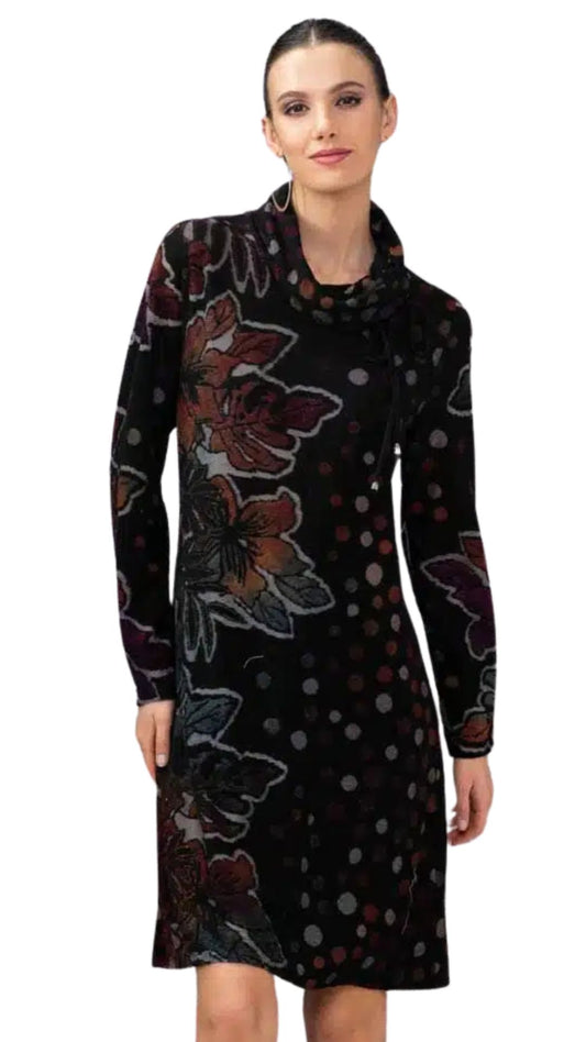 Black Floral Cowl Neck Long Sleeve Dress. Style ALSA44270