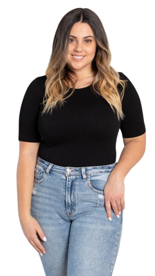 Rib Knit Short Sleeve Fitted Top. Style CMCERT1213