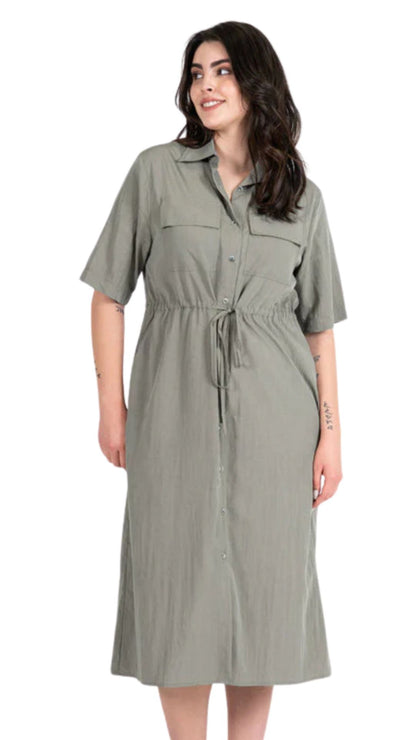 Rayon Blend Tie Waist Shirt Dress. Style CMCED6422