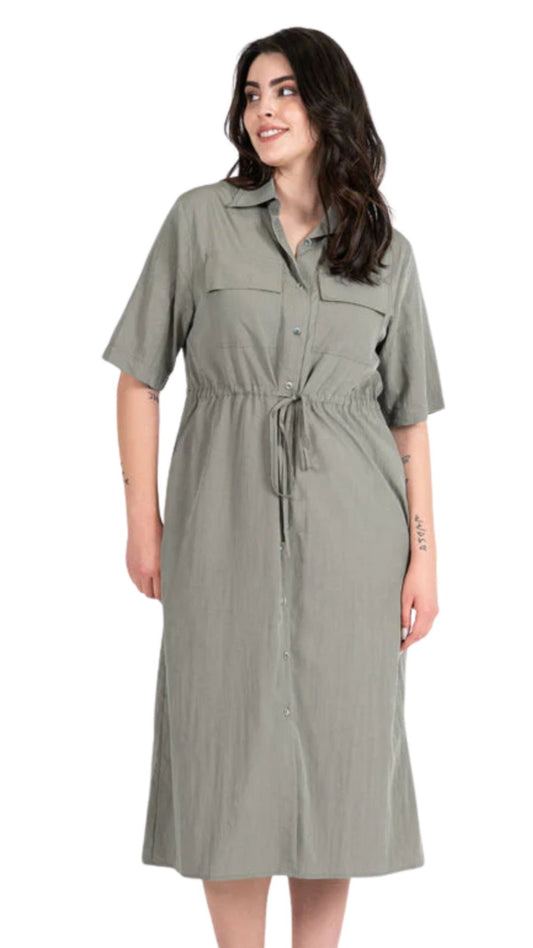 Rayon Blend Tie Waist Shirt Dress. Style CMCED6422