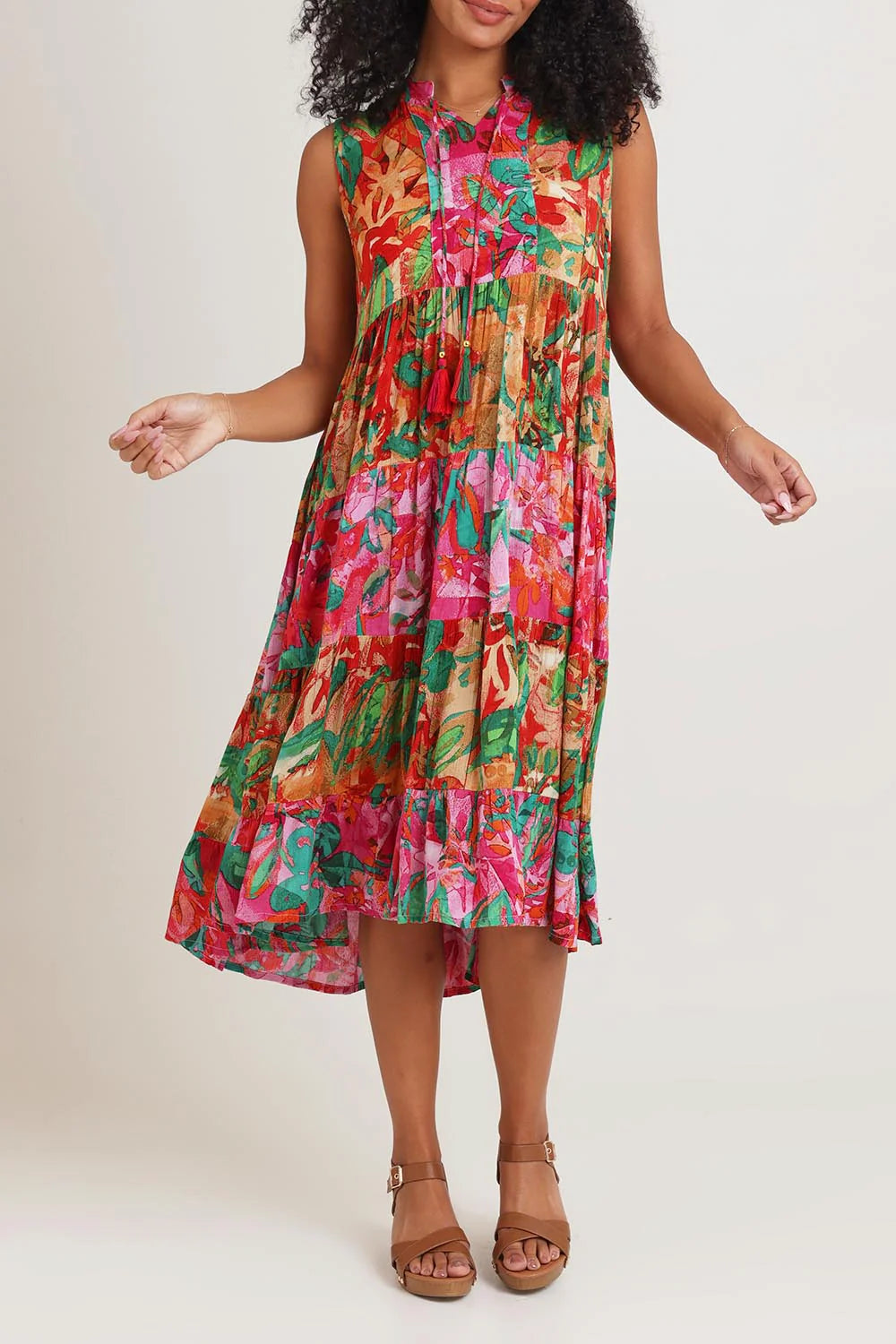 "Sao Paulo" Sleeveless Tiered Tassel Tie Dress. Style ORI30-217