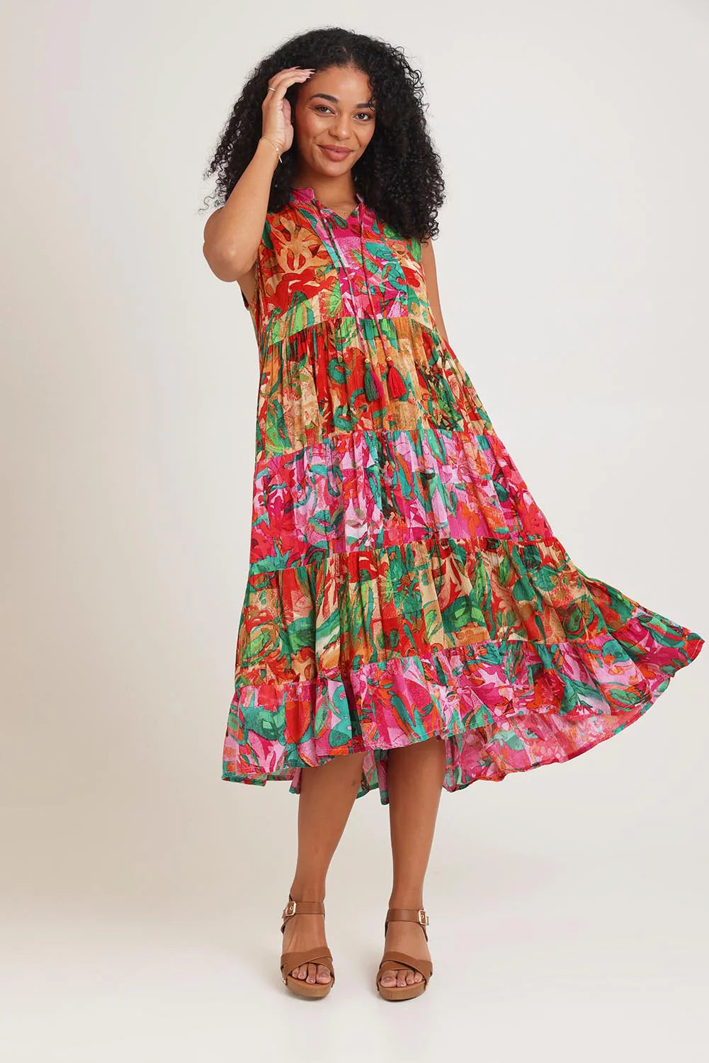 "Sao Paulo" Sleeveless Tiered Tassel Tie Dress. Style ORI30-217