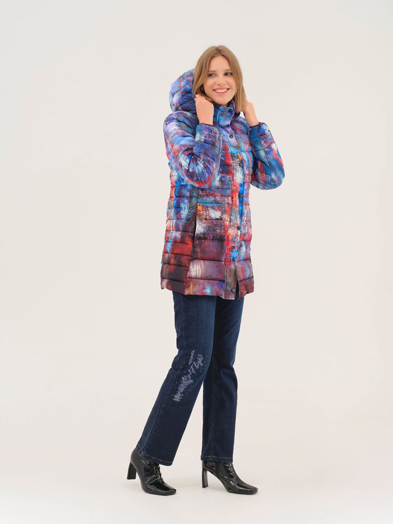 "The Blue City" Artist Print Puffer Coat. Style DOLC75843