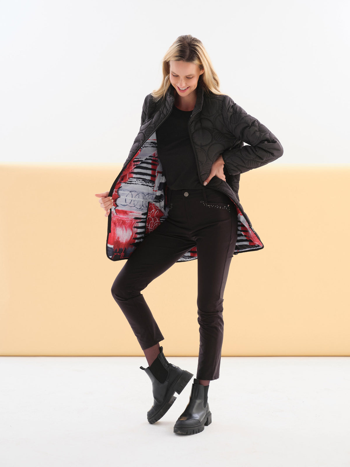 Quilted Zip Front Mandarin Collar Jacket. Style DOLC76805