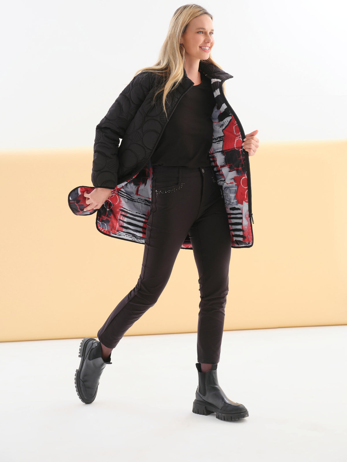 Quilted Zip Front Mandarin Collar Jacket. Style DOLC76805
