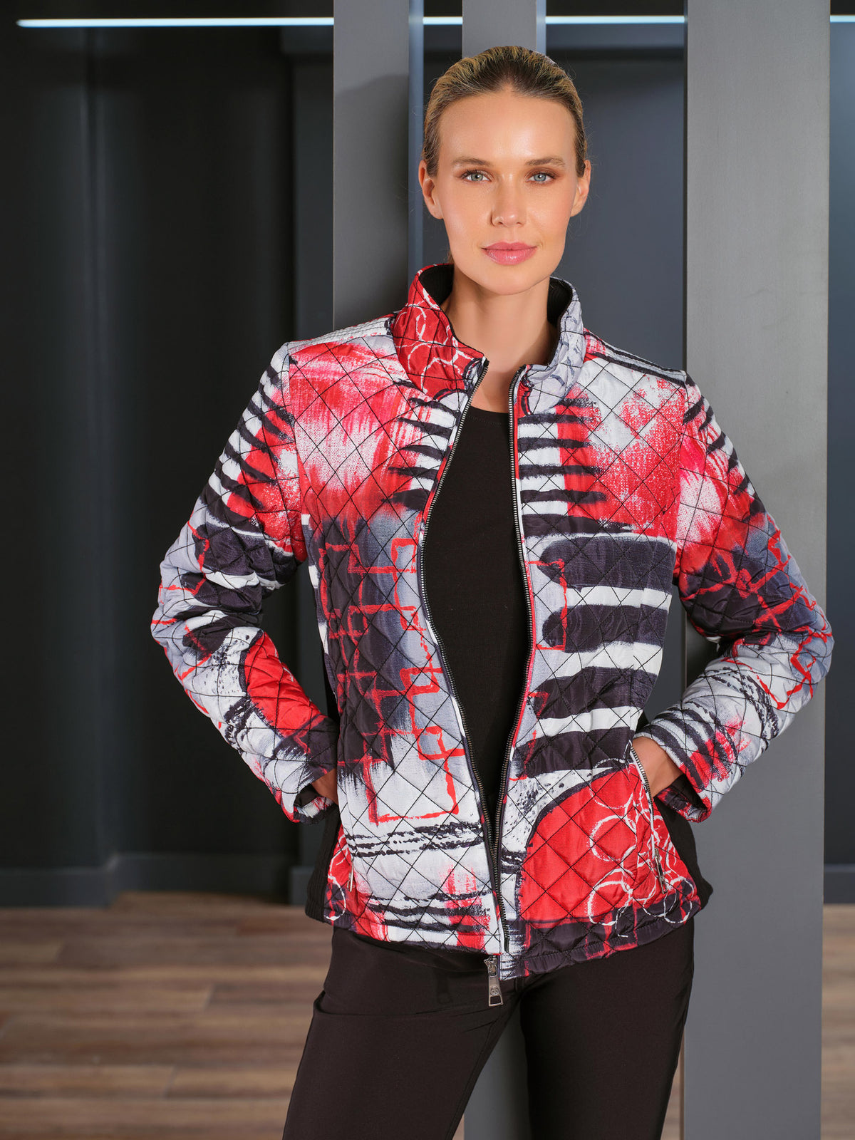 "Geo Stripes" Artist Print Short Length Stand Collar Quilted Jacket. Style DOLC76811