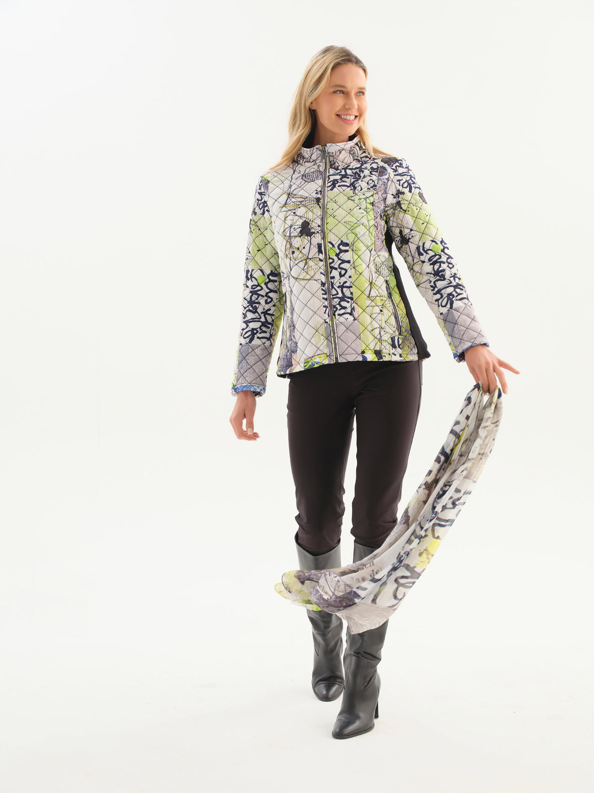 "Fragments" Artist Print Short Length Stand Collar Quilted Jacket. Style DOLC76814