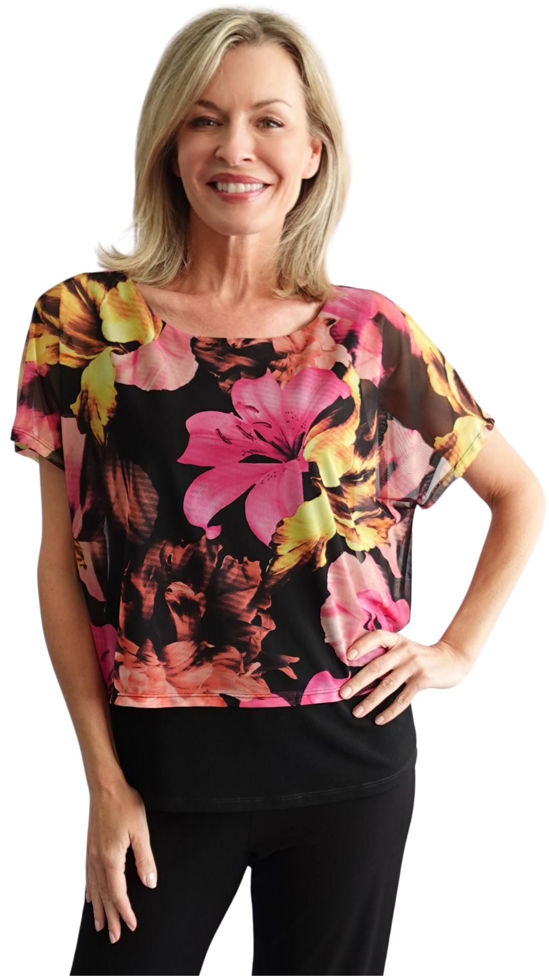 Bloom Print Sheer Layered Top. Style SW92321