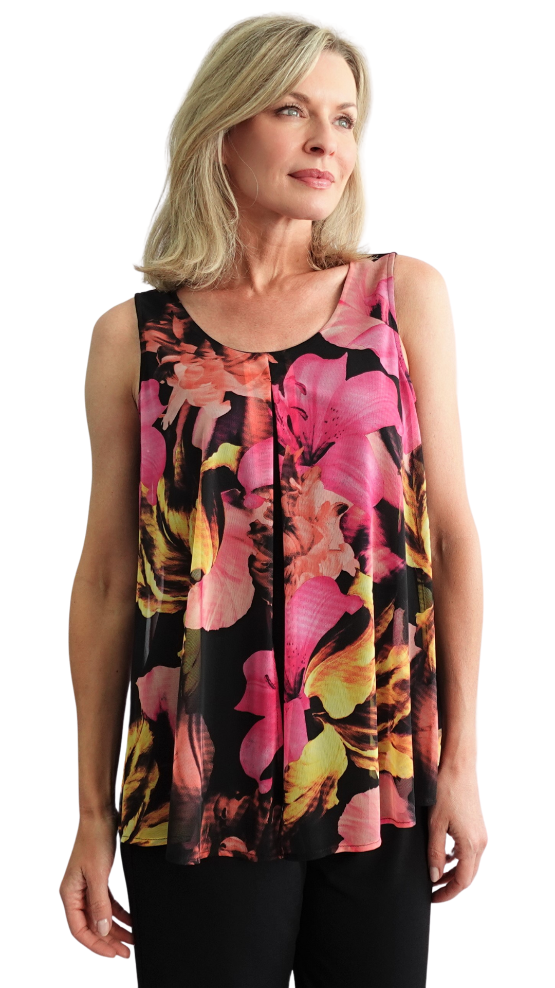 Bloom Print Sheer Overlay Sleeveless Top. Style SW92319