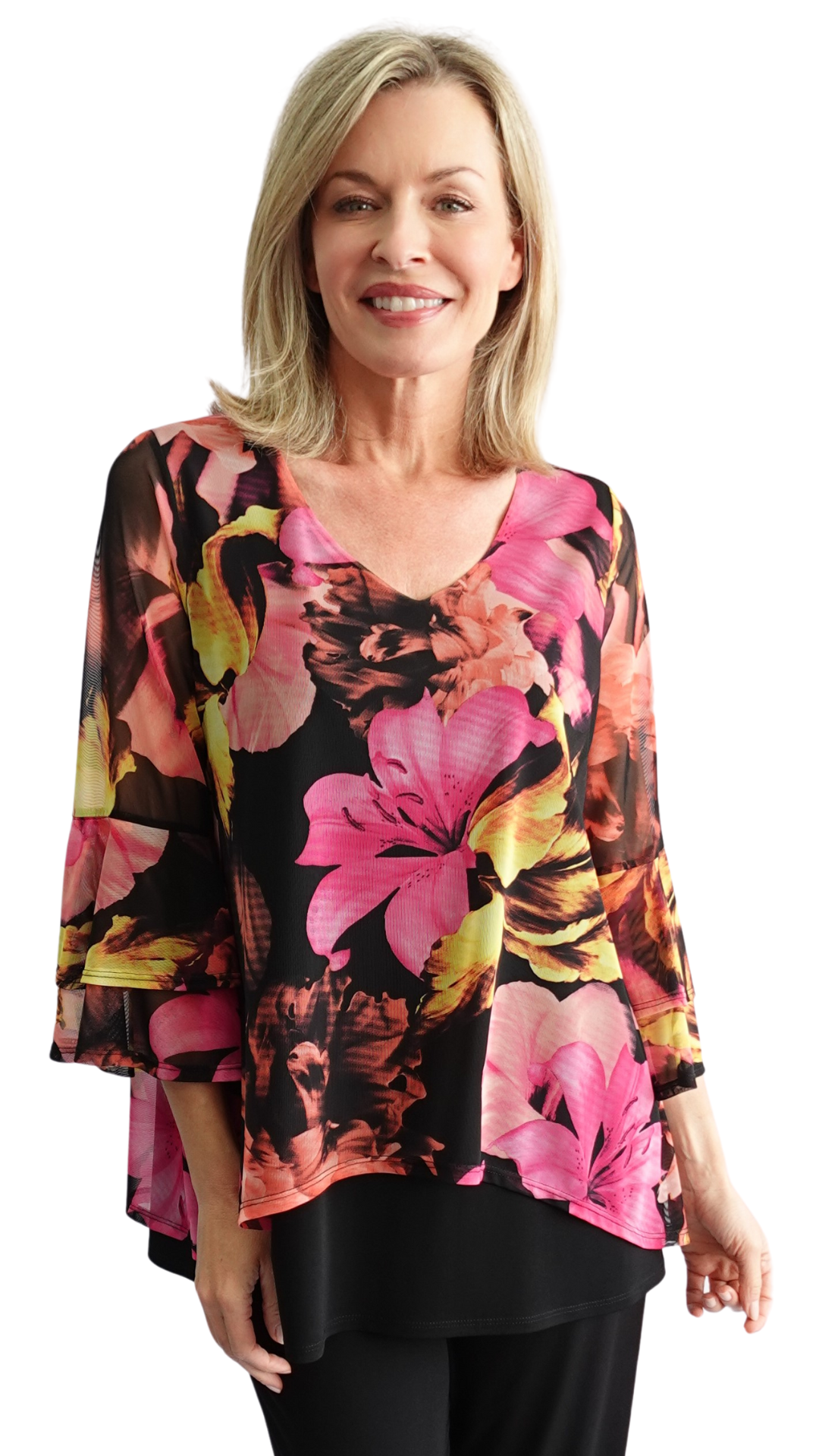 Bloom Print Sheer Layered Relaxed Fit Top. Style SW92320