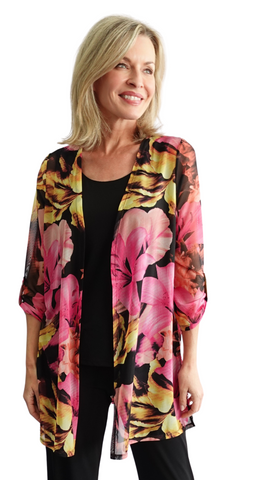 Bloom Print Back Layered Sheer Cardigan. Style SW91214