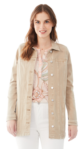 Button Front Long Denim Jacket in Sand Dollar. Style FD1825511