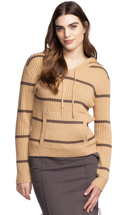 Selena Striped Beige Knit Hoodie. Style PMSW-2471B