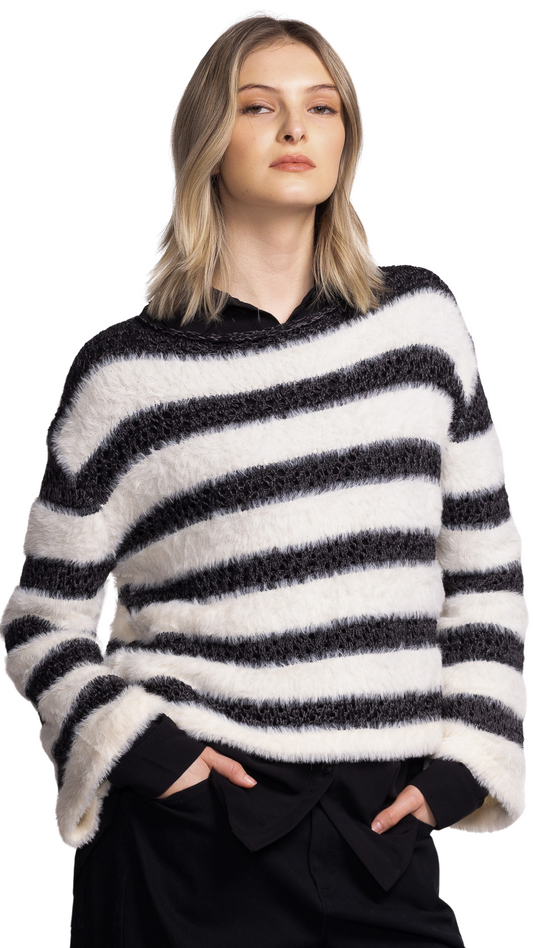 Christy Fuzzy & Pointelle Striped Bell Sleeve Sweater. Style PMSW-2480