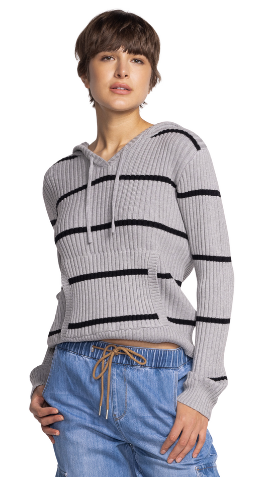 Selena Striped Grey Knit Hoodie. Style PMSW-2471GY