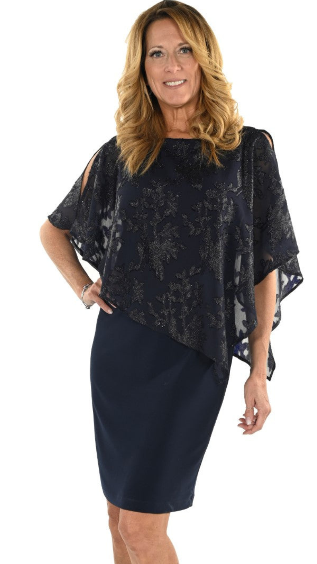 Sheer Floral Printed Cape Overlay Dress. Style FL234388