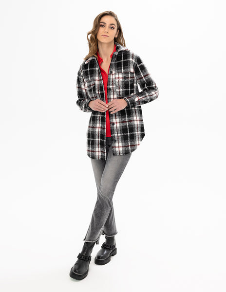 Red Accent Plaid Cozy Shacket. Style REN3799-2158
