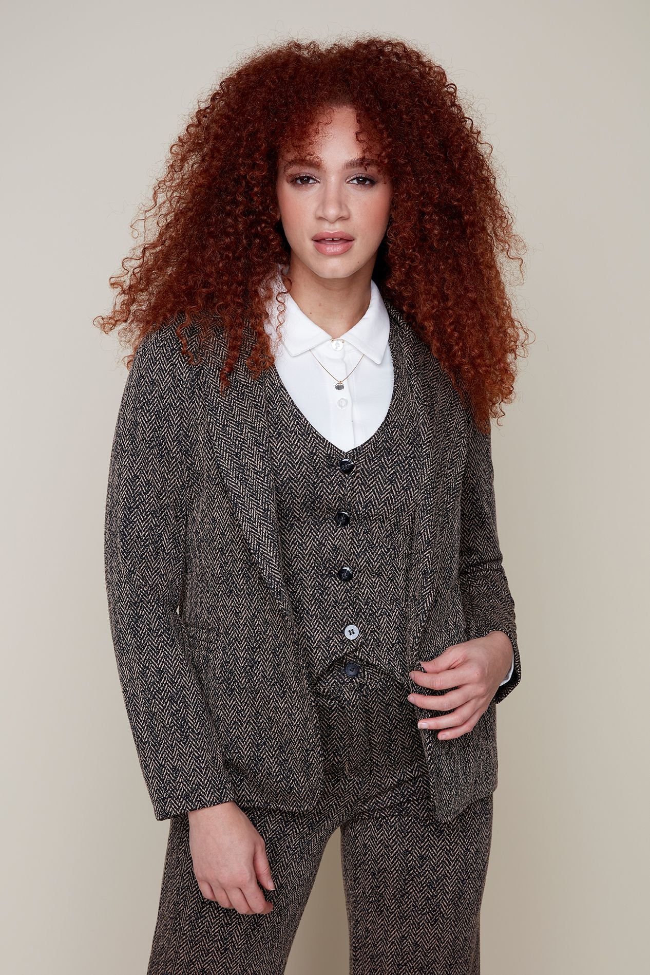 Tweed Notched Collar Blazer. Style REN3881-E3008