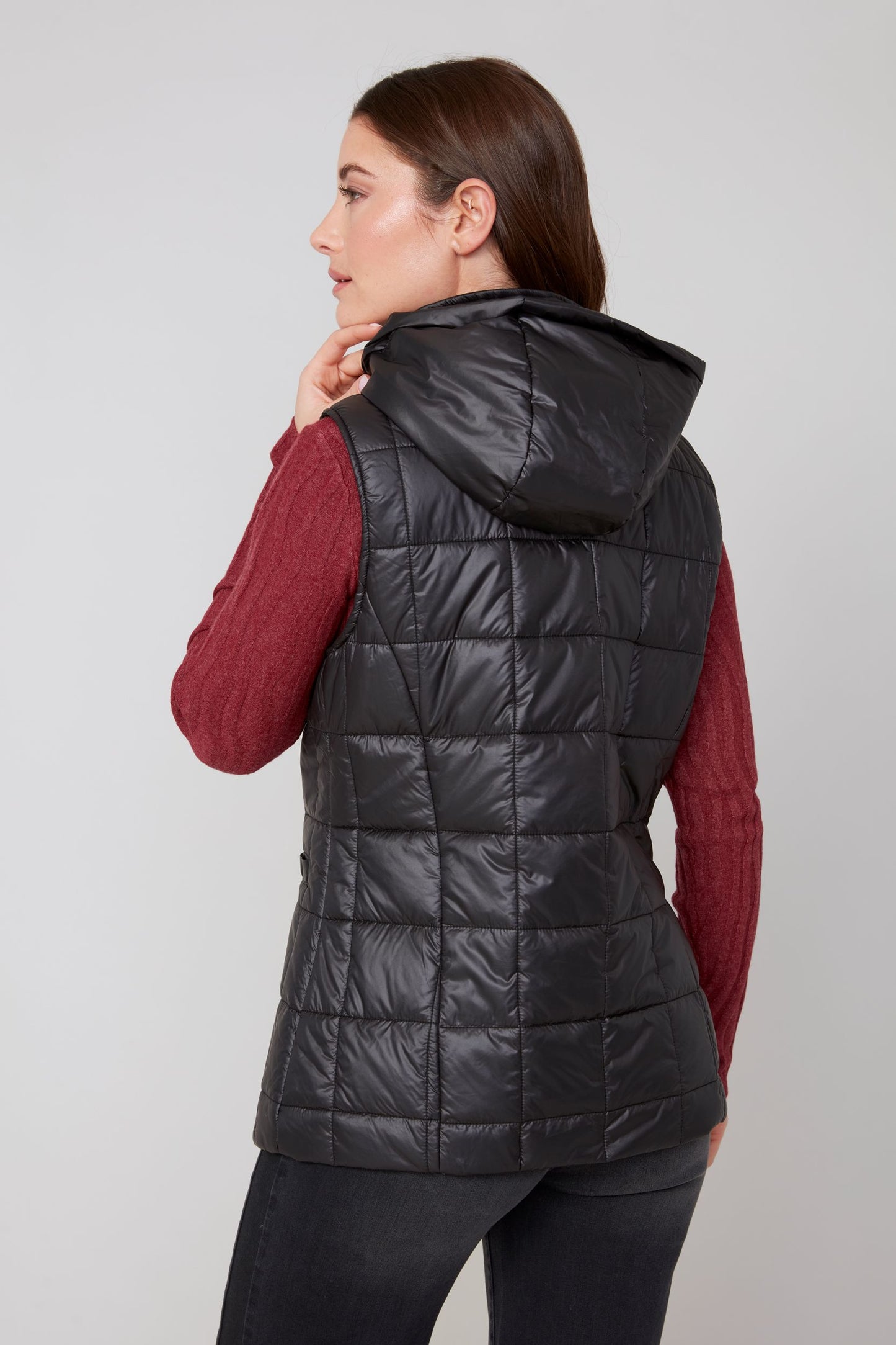 Hooded Quilted Rhinestone Placket Vest. Style REN3907L-E3034