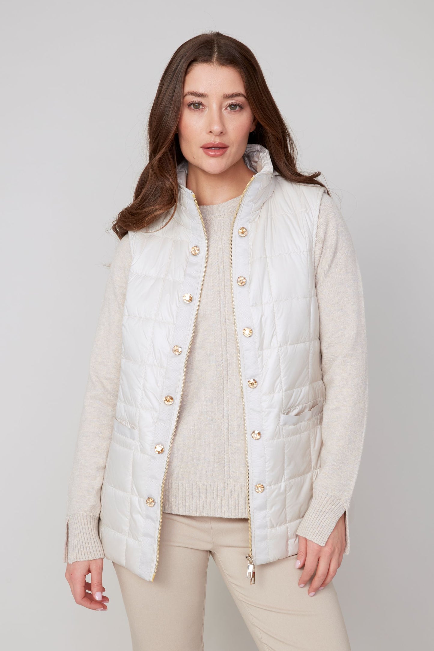 Hooded Quilted Rhinestone Placket Vest. Style REN3907L-E3034