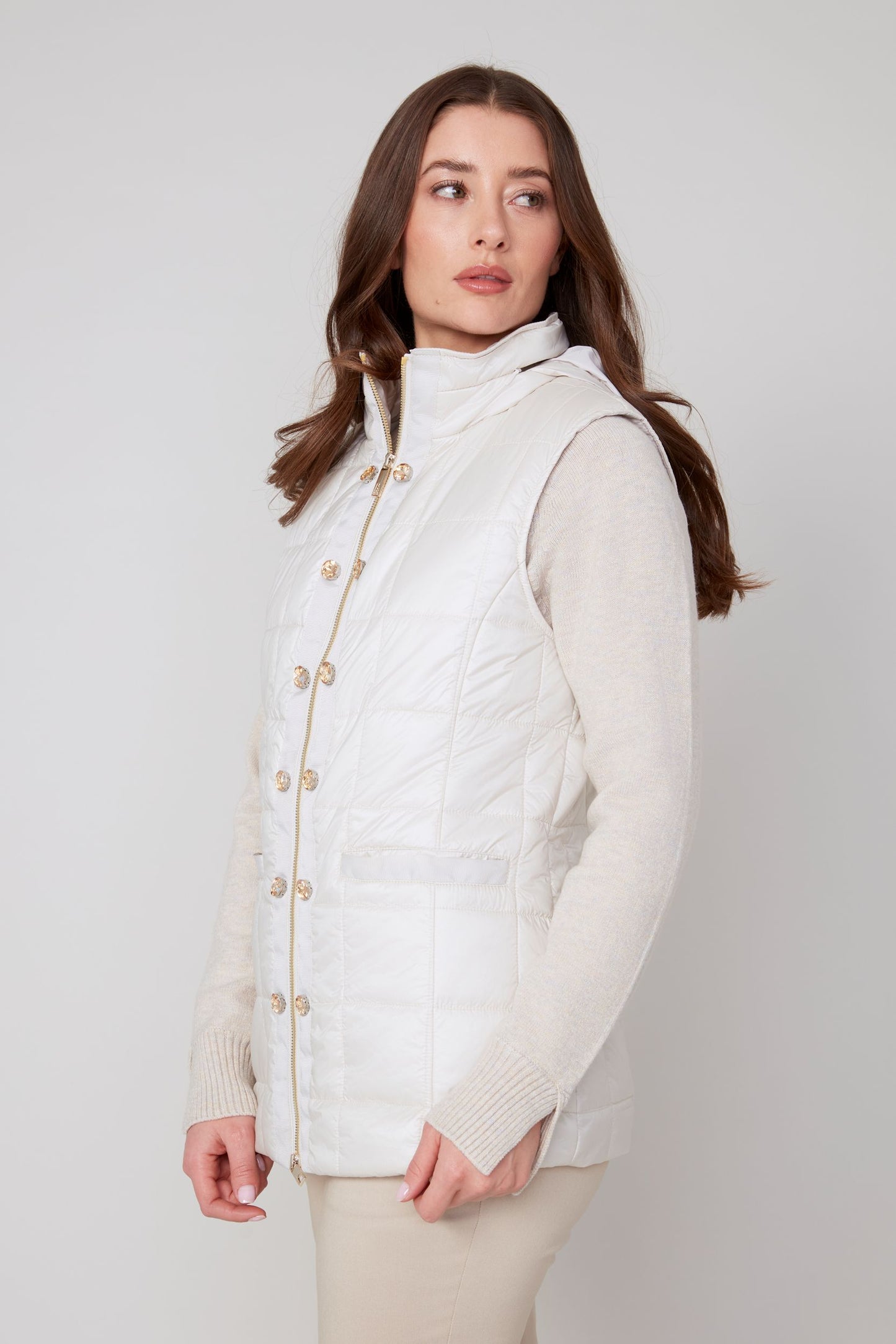 Hooded Quilted Rhinestone Placket Vest. Style REN3907L-E3034