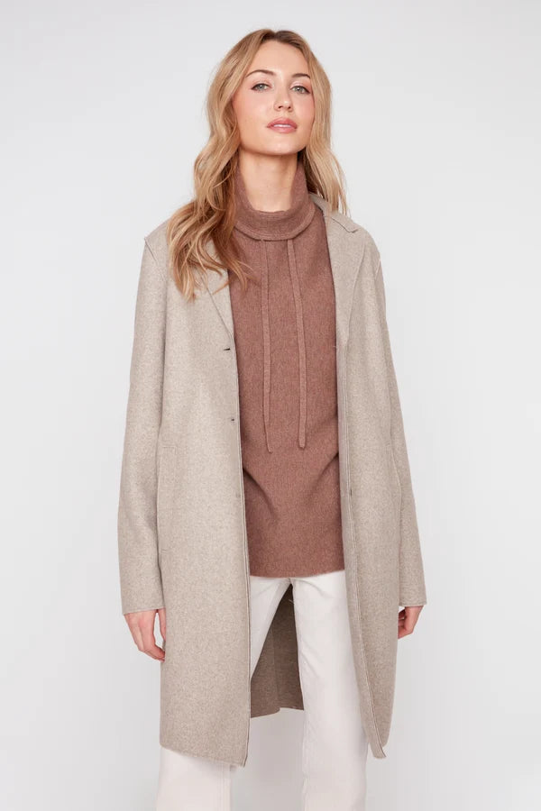 Button Front Notched Lapel Collar Felt Trench Coat. Style REN3957-E3102