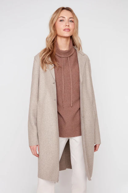 Button Front Notched Lapel Collar Felt Trench Coat. Style REN3957-E3102
