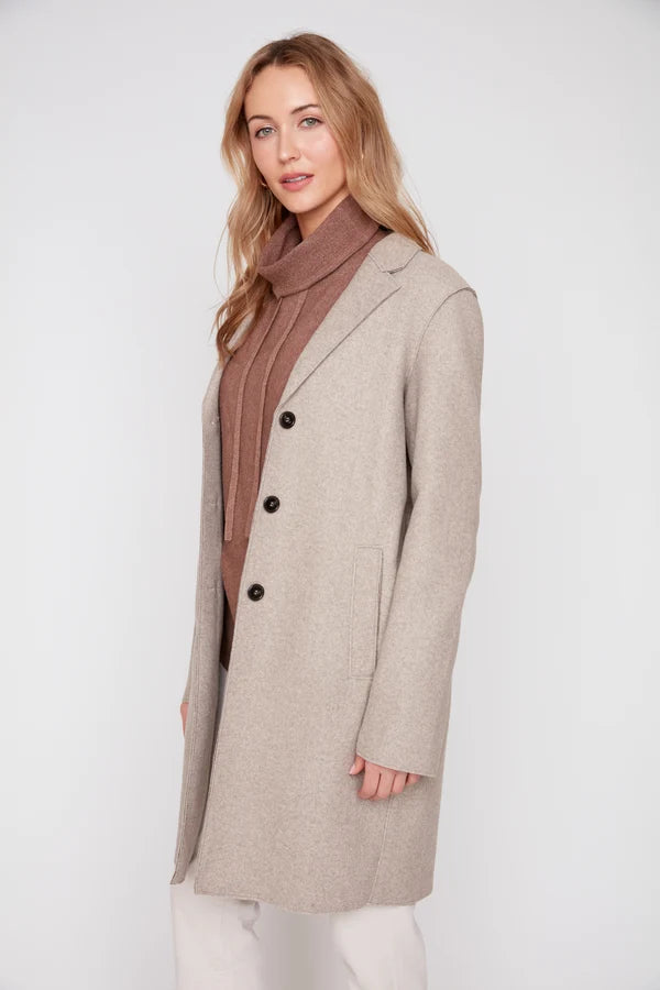 Button Front Notched Lapel Collar Felt Trench Coat. Style REN3957-E3102