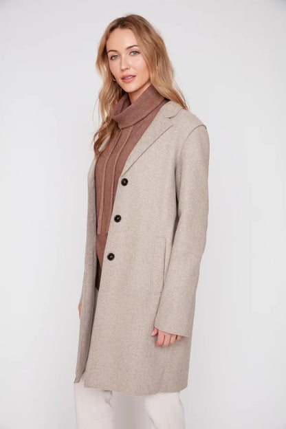 Button Front Notched Lapel Collar Felt Trench Coat. Style REN3957-E3102