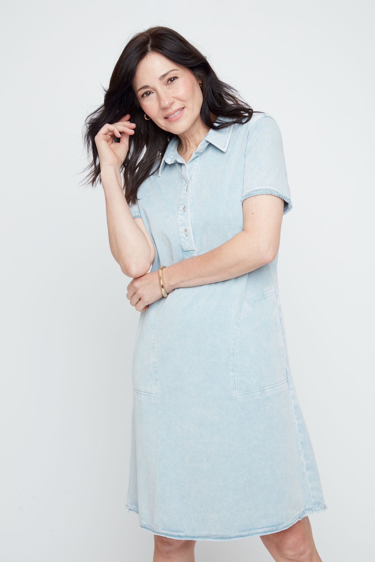 Raw Edge Stretchy Denim Shirt Dress . Style REN4361KD-E3020