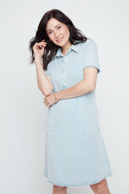 Raw Edge Stretchy Denim Shirt Dress . Style REN4361KD-E3020