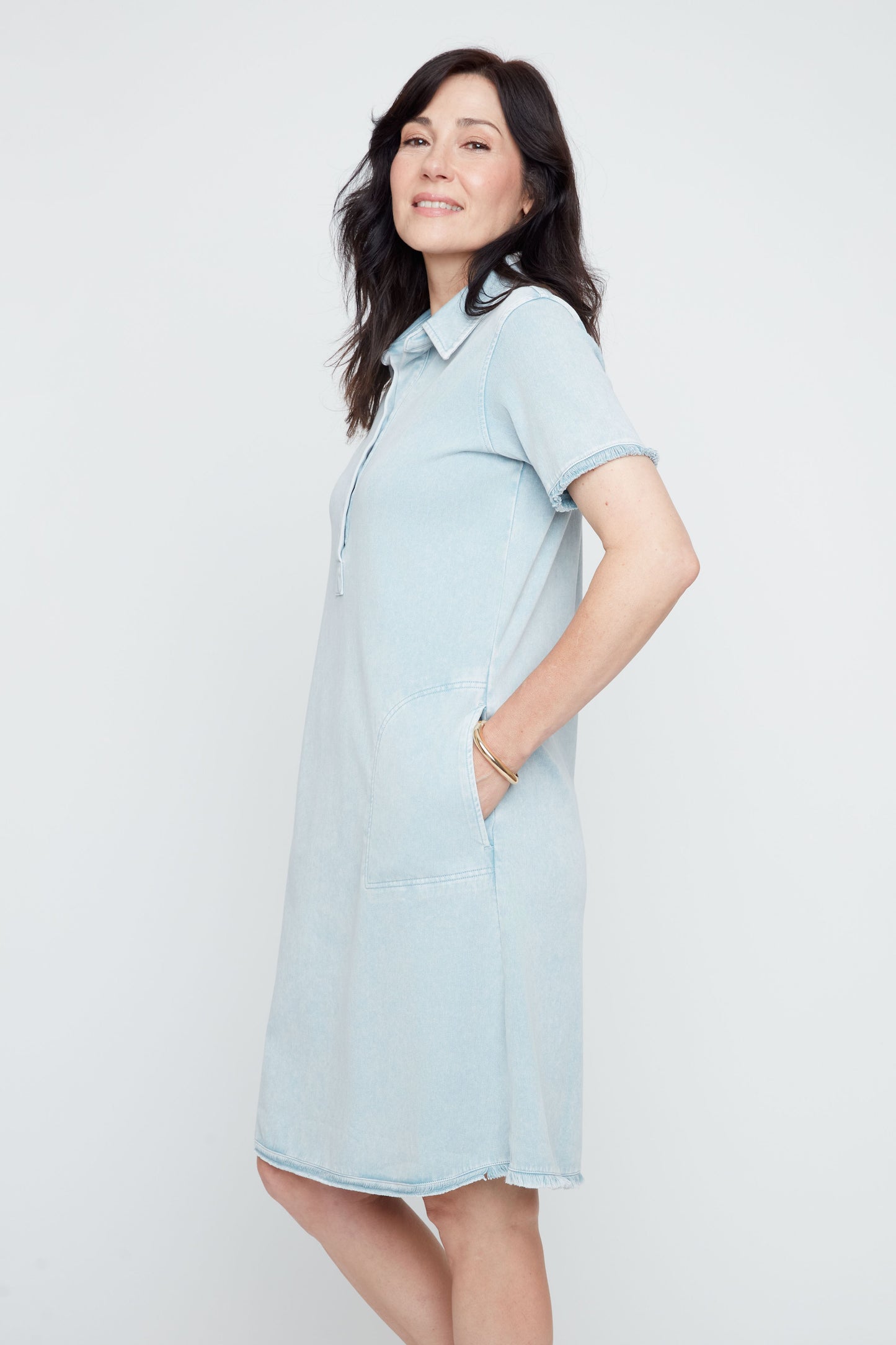 Raw Edge Stretchy Denim Shirt Dress . Style REN4361KD-E3020