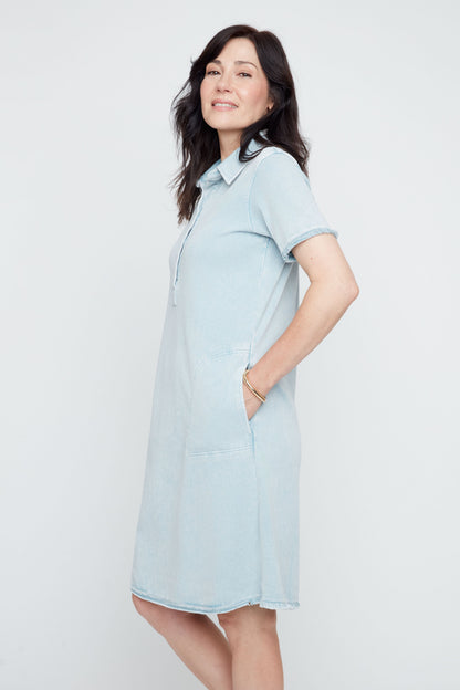 Raw Edge Stretchy Denim Shirt Dress . Style REN4361KD-E3020