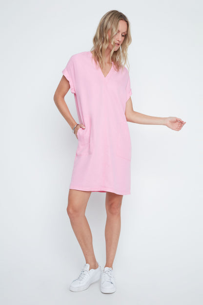 Notch Neck Drop Shoulder Short Sleeve Dress. Style REN4362-E3073