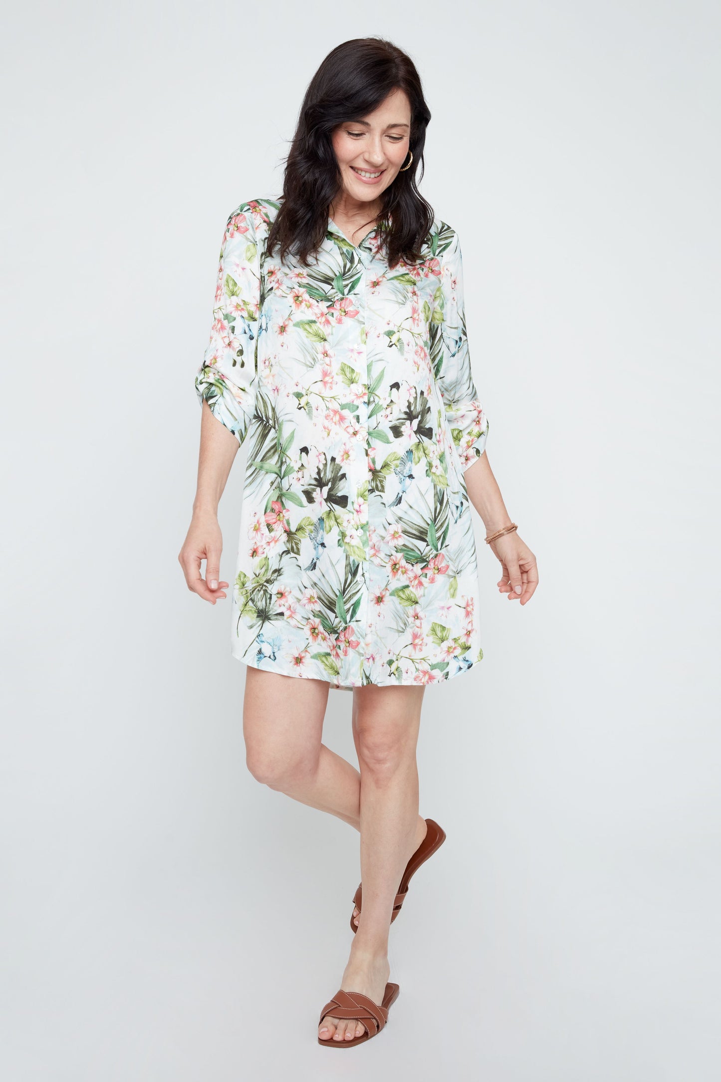Roll-Up Sleeve Collared Tropical Print Dress. Style REN4372-984