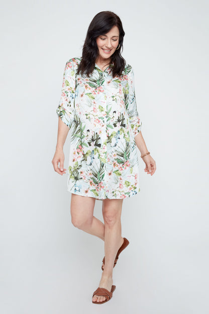 Roll-Up Sleeve Collared Tropical Print Dress. Style REN4372-984