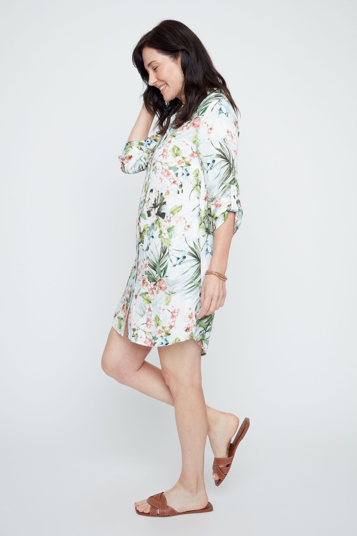 Roll-Up Sleeve Collared Tropical Print Dress. Style REN4372-984