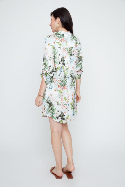 Roll-Up Sleeve Collared Tropical Print Dress. Style REN4372-984