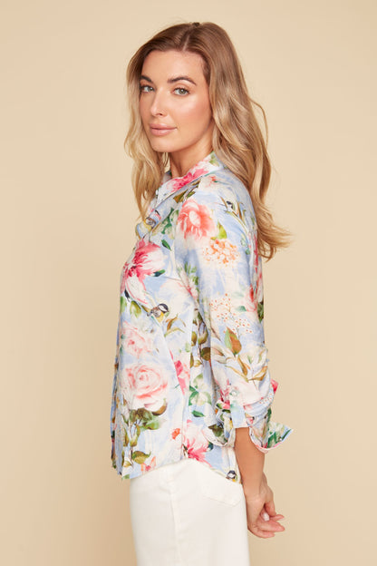 Lightweight Floral Hidden Button Placket Blouse. Style RENR5186-439