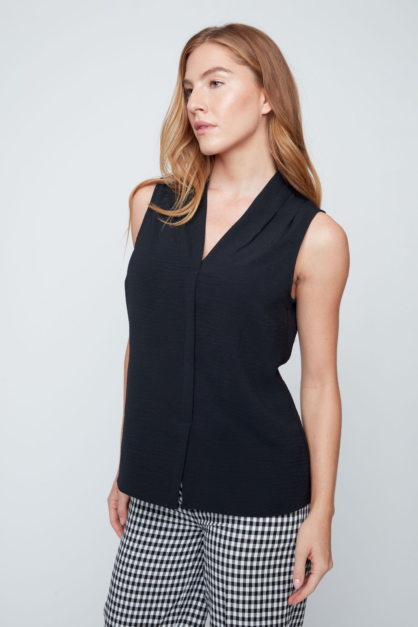 V-Neck Pleated Front Sleeveless Blouse. Style REN5222-363