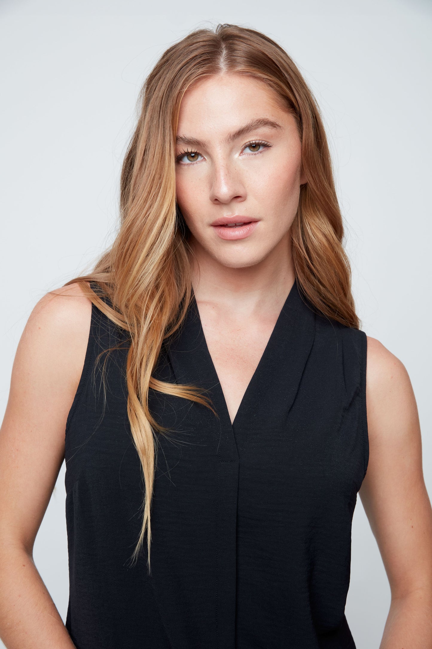 V-Neck Pleated Front Sleeveless Blouse. Style REN5222-363