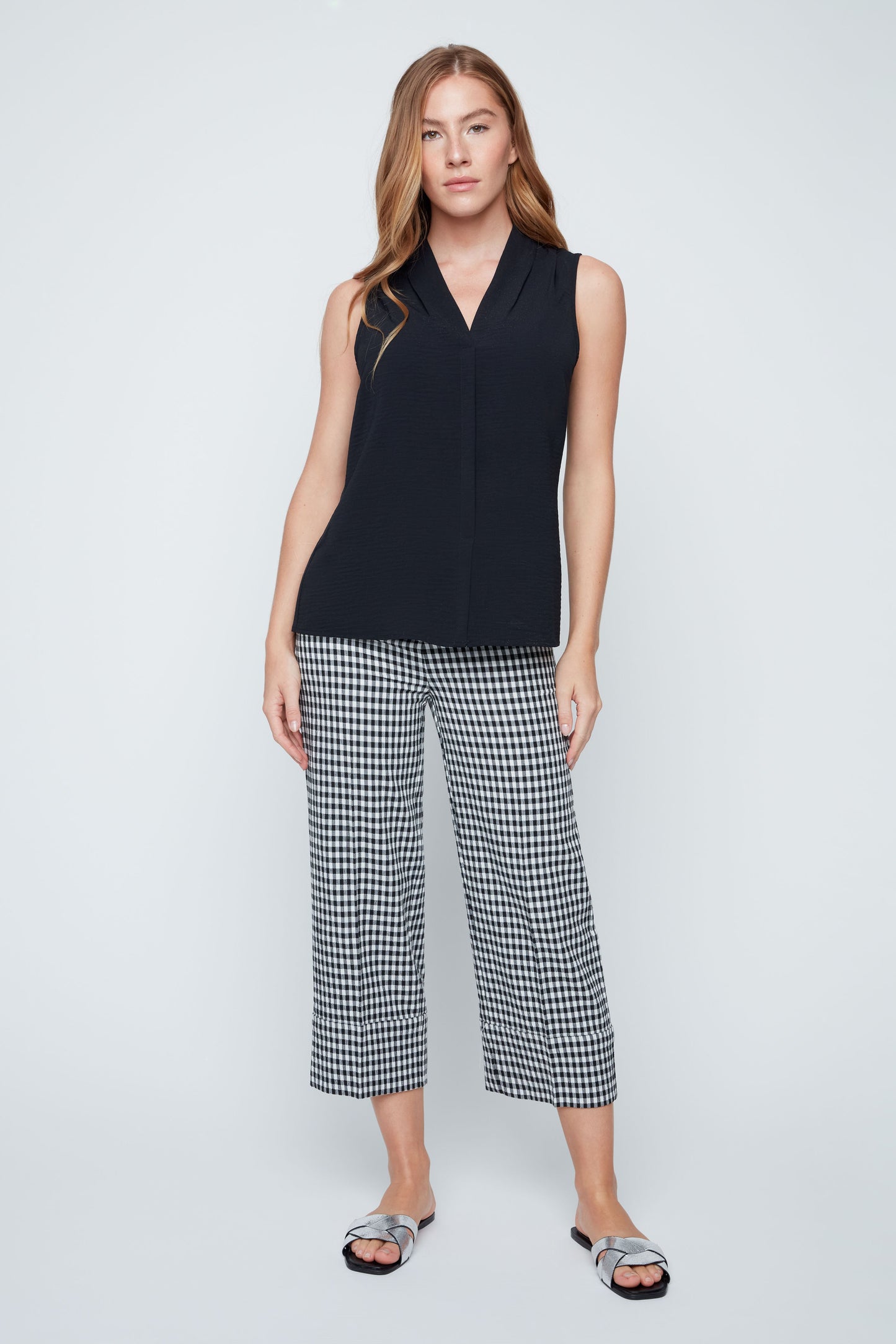 V-Neck Pleated Front Sleeveless Blouse. Style REN5222-363
