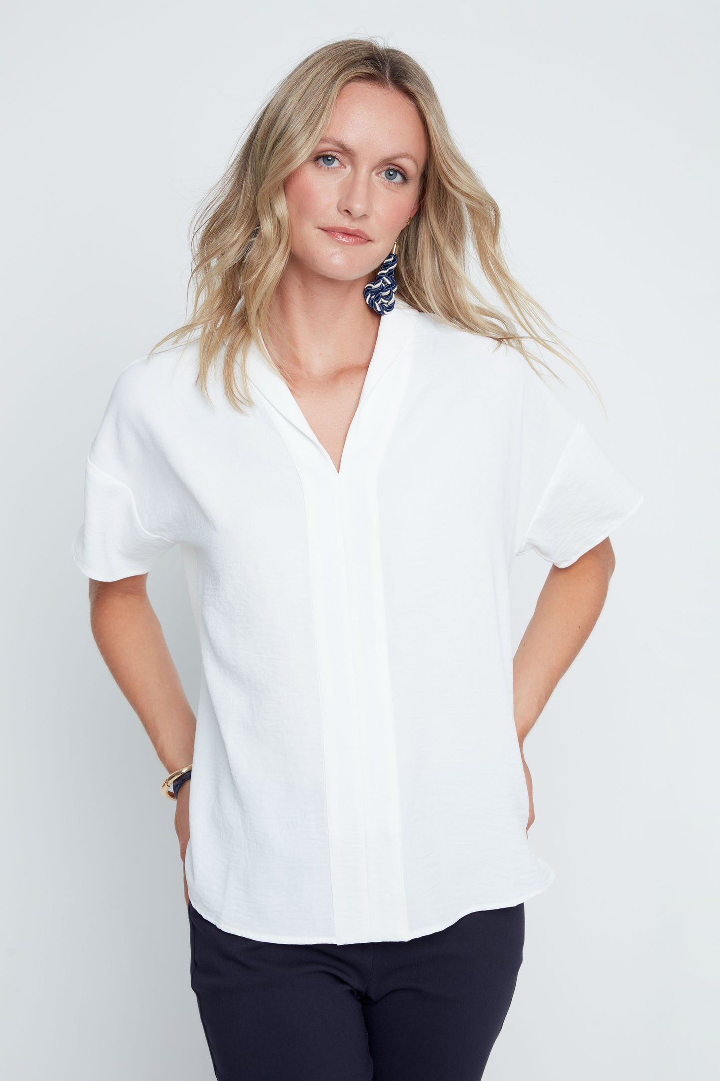 V-Neck Center Seam Detailing Short Sleeve Blouse. Style REN5223-363